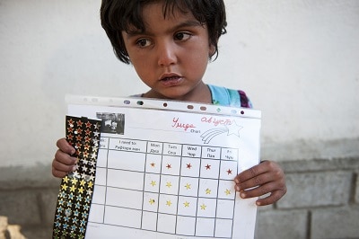 5-year-old Umeda has MDR-TB. Here she holds up her star chart. She gets a sticker every time she takes her medicine properly.