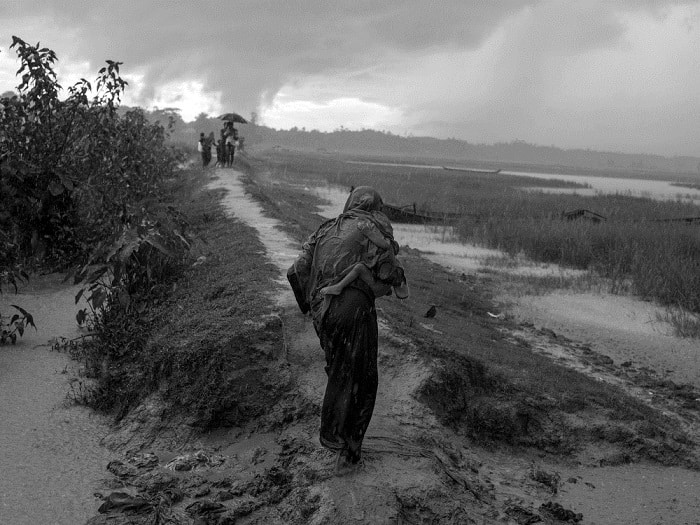 Rohingya refugees from Myanmar, awaiting permission from Bangladeshi border guards to continue their journey to the refugee camps near Cox's Bazar, seek shelter from the monsoon rains in a rice field on the Bangladeshi side of the border with Myanmar.