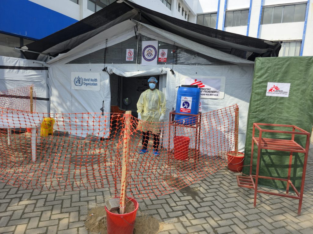 MSF Hygeinists disinfecting the triage area in the Utange Field Hospital Isolation Centre in Mombasa. MSF in partnership with the Mombasa County Department of health is providing treatment for Mpox patients at the Utange Field Hospital Isolation Centre in Mombasa.