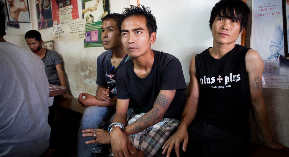 Patients of the opioid substitution therapy programme in Shalom hospital sit in the waiting room. MSF works with Shalom hospital, with patients receiving therapy from MSF and syringes from the hospital as part of a needle exchange programme. Manipur, India, April 2019. © JAN-JOSEPH STOK